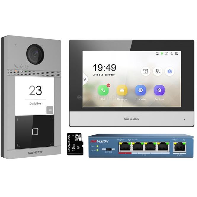 DS-KIS604-S(B) kit IP videotelefonu, bytový monitor + dveřní stanice + switch + microSD